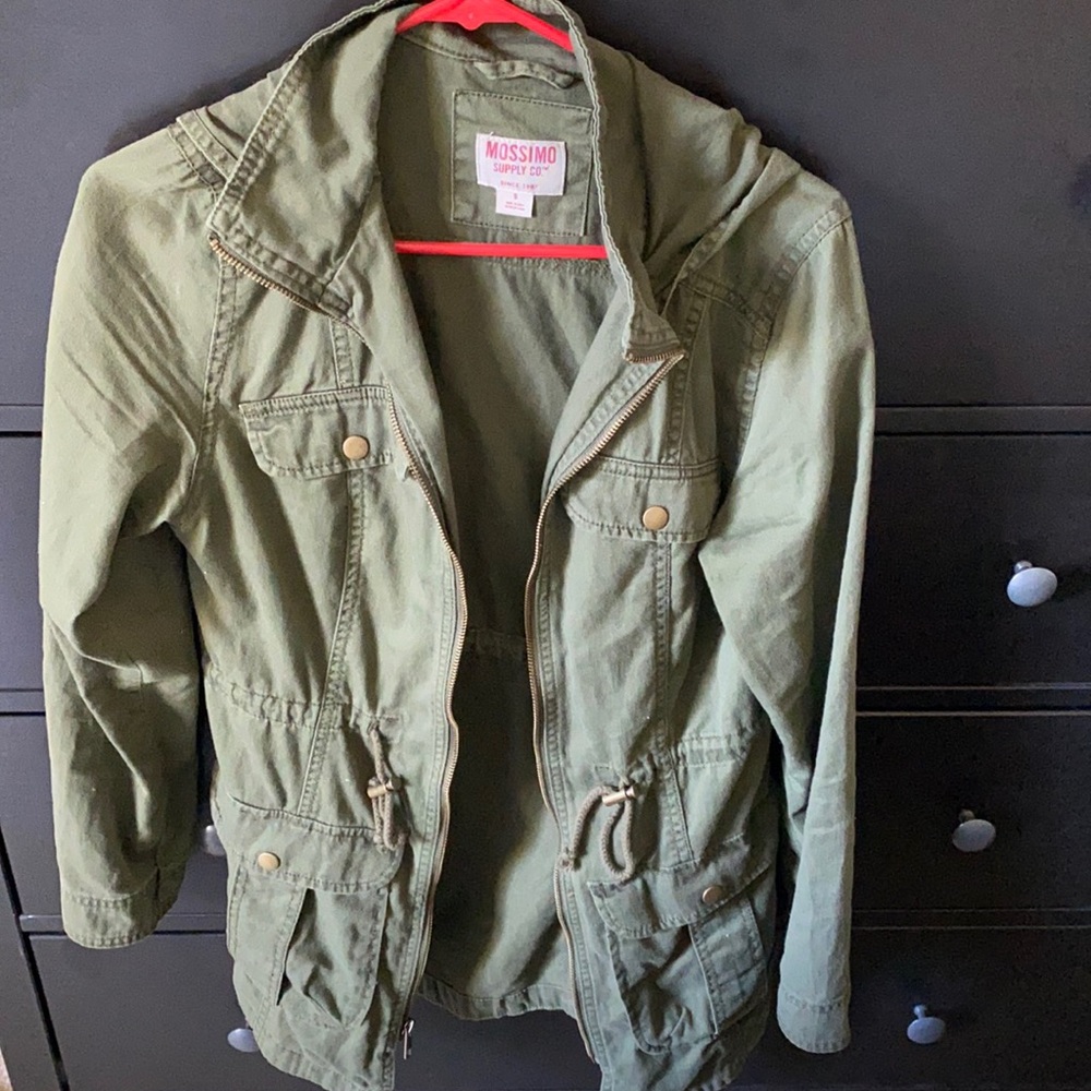 Army green jean jacket with hood